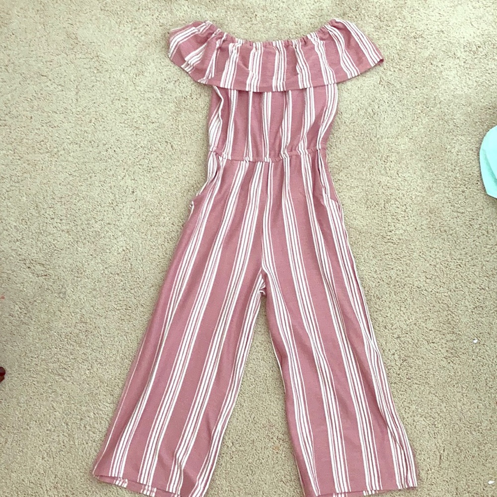 Girls size 10 pink romper with white stripes